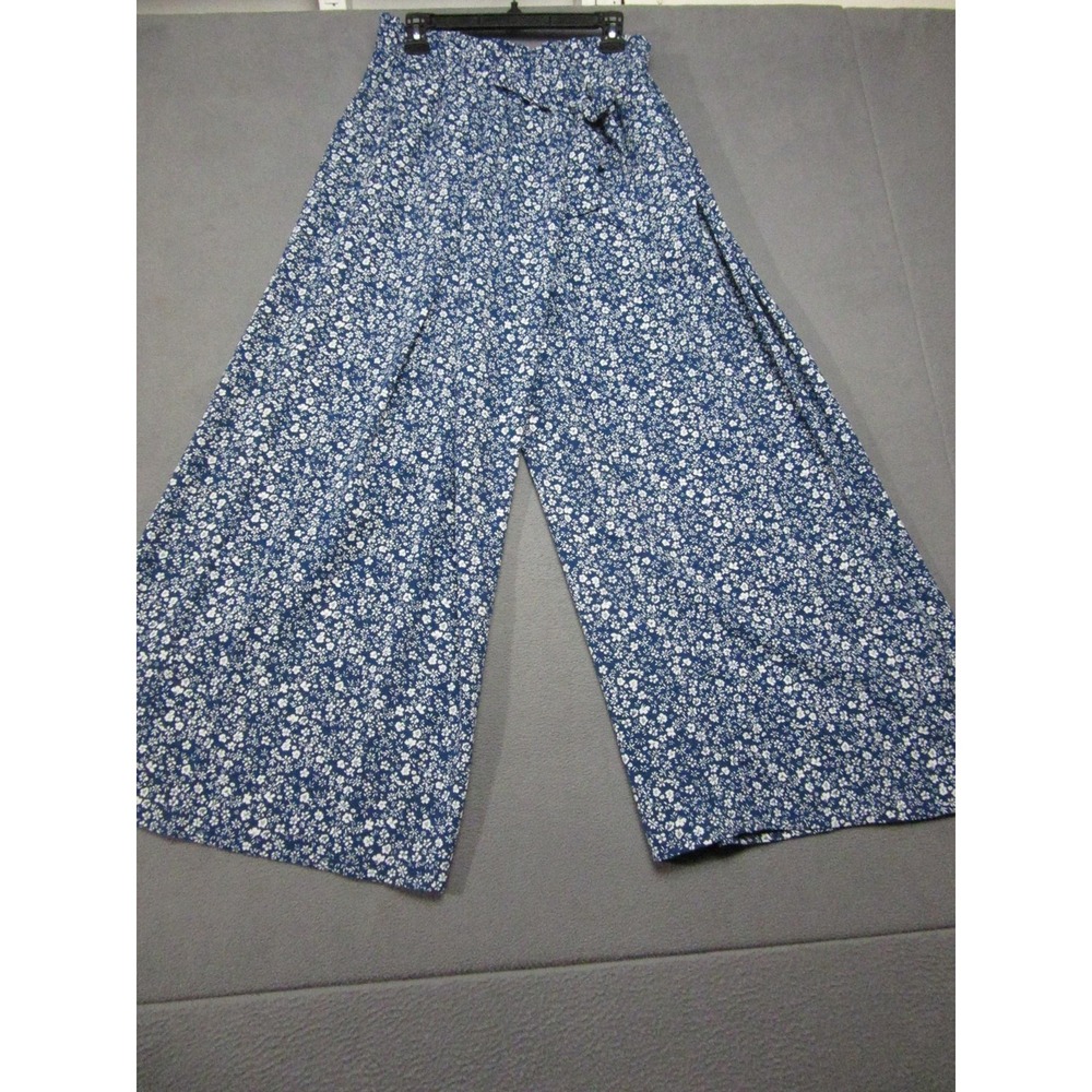LEPUNUO Pants Girls Large Blue Floral Wide Leg Paperbag Elastic Waist Pull On